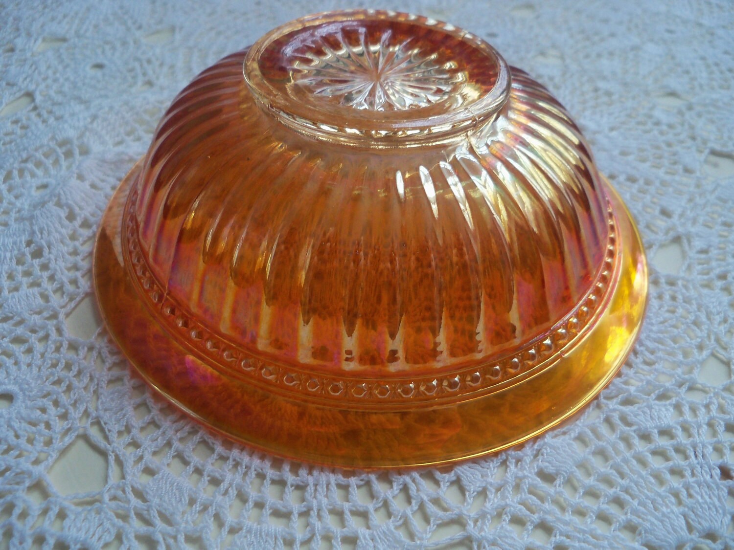 Vintage Orange Carnival Glass Ribbed Serving Bowl Fruit Dish