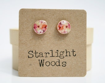 Pink Floral Stud Earrings. Wood Earrings summer outdoors post earrings minimalist jewelry gift for her nature gift eco-friendly