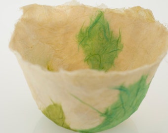 Green Cream Bowl Handmade Paper decorative Bowl two tone cream with a splash of green paper papier mache bowl original art