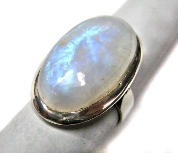Blue Fire Rainbow Moonstone studded 925 Sterling Silver Ring