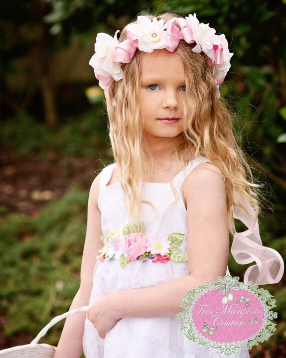 Items similar to THE ELLENA- Beautiful Pink and Ivory Flower Girl Crown ...