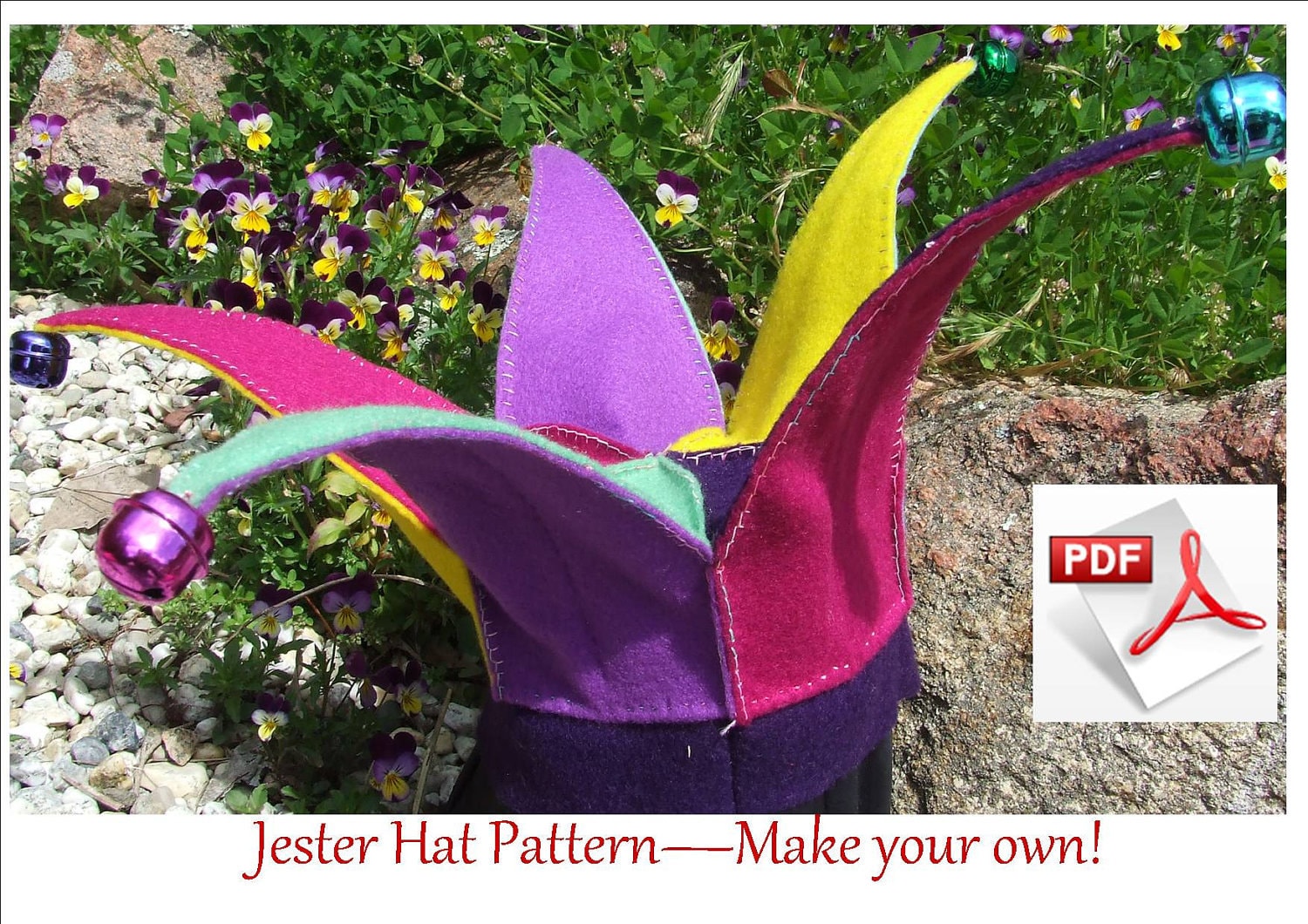 Felt Jester Hat pattern. Hand sewing PDF pattern. Fits