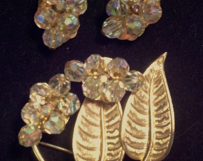 FREE SHIPPING Aurora borealis cluster brooch and clip earrings crystal leaves with rhinestones - elegant night wear or great for a wedding
