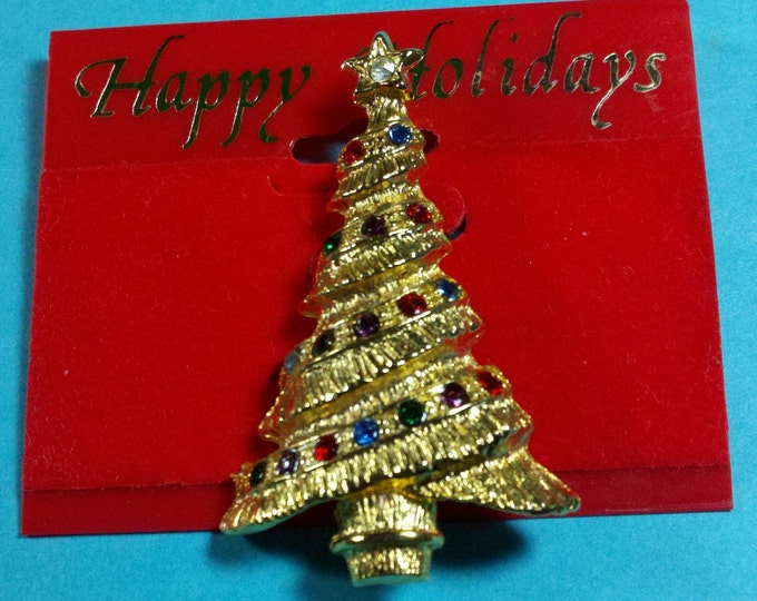 FREE SHIPPING Christmas tree brooch on original card, multi colored rhinestone Holiday pin with rhinestone star topper