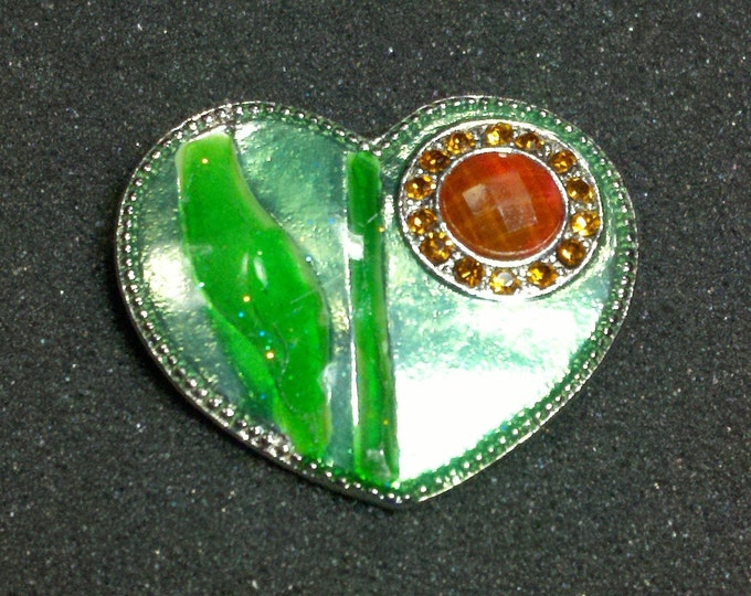 FREE SHIPPING Interchangeable heart necklace brooch, Emerald Green enamel pin with amber orange circle inset surrounded by rhinestones