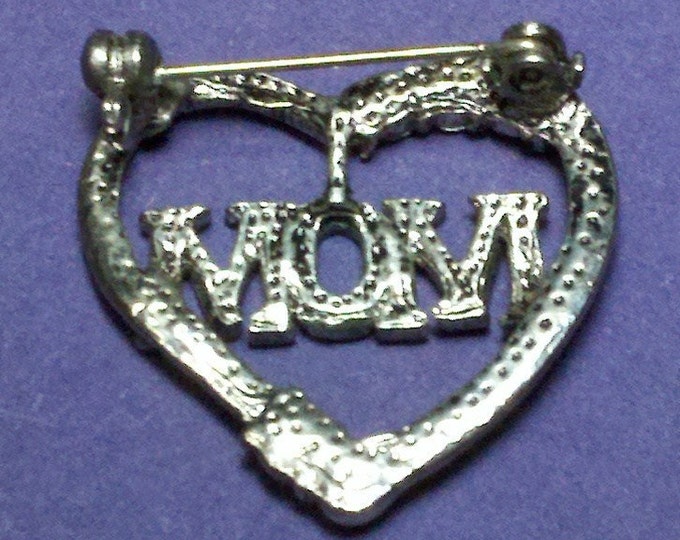 FREE SHIPPING Mom heart brooch - Silver plate with red, pink and clear rhinestones