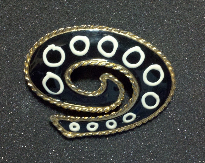 FREE SHIPPING Swirl brooch pin, large black and white mod 60's art deco enamel geometric with white circles gold plate setting.