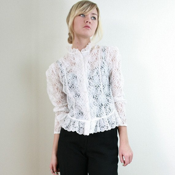 1970s Victorian Ruffle Lace Blouse S by PhotographyByLOP on Etsy