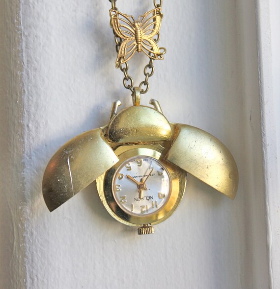 Vintage Gold Ladybug Clock Necklace Gold Watch by CrucibleCrow