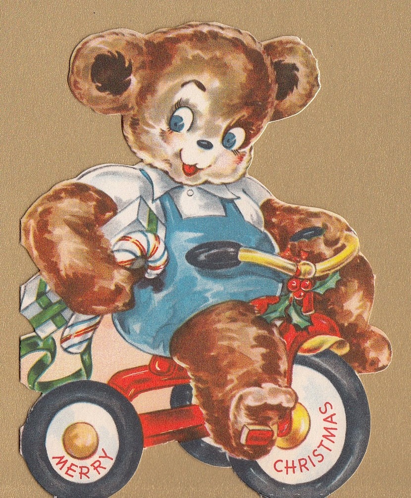 Download Vintage 1950s Christmas Card With Brown TEDDY BEAR Riding