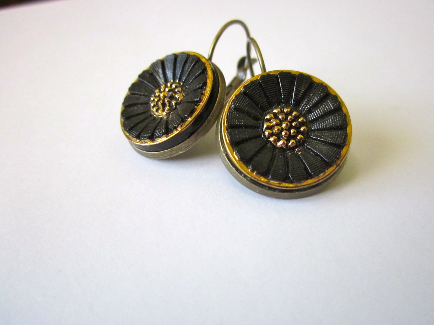 Vintage glass sunflower button earrings leverback earrings