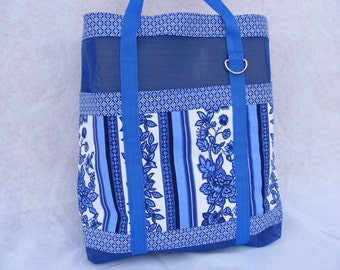 Retro Royal Blue Floral Vinyl Tote Handmade Blue Belting Docorative Diamond Trim Key Clasp Cute Fun Blues Pockets