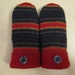 Women's navy and red striped wool mittens with blanket-stitched cuff