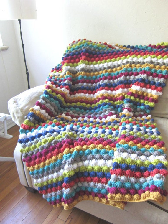 Striped Colorful Bobble Stitch Crochet Afghan