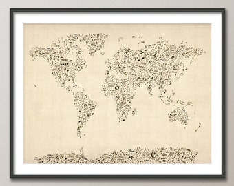 Music Notes Map of the World Map, Art Print (82)