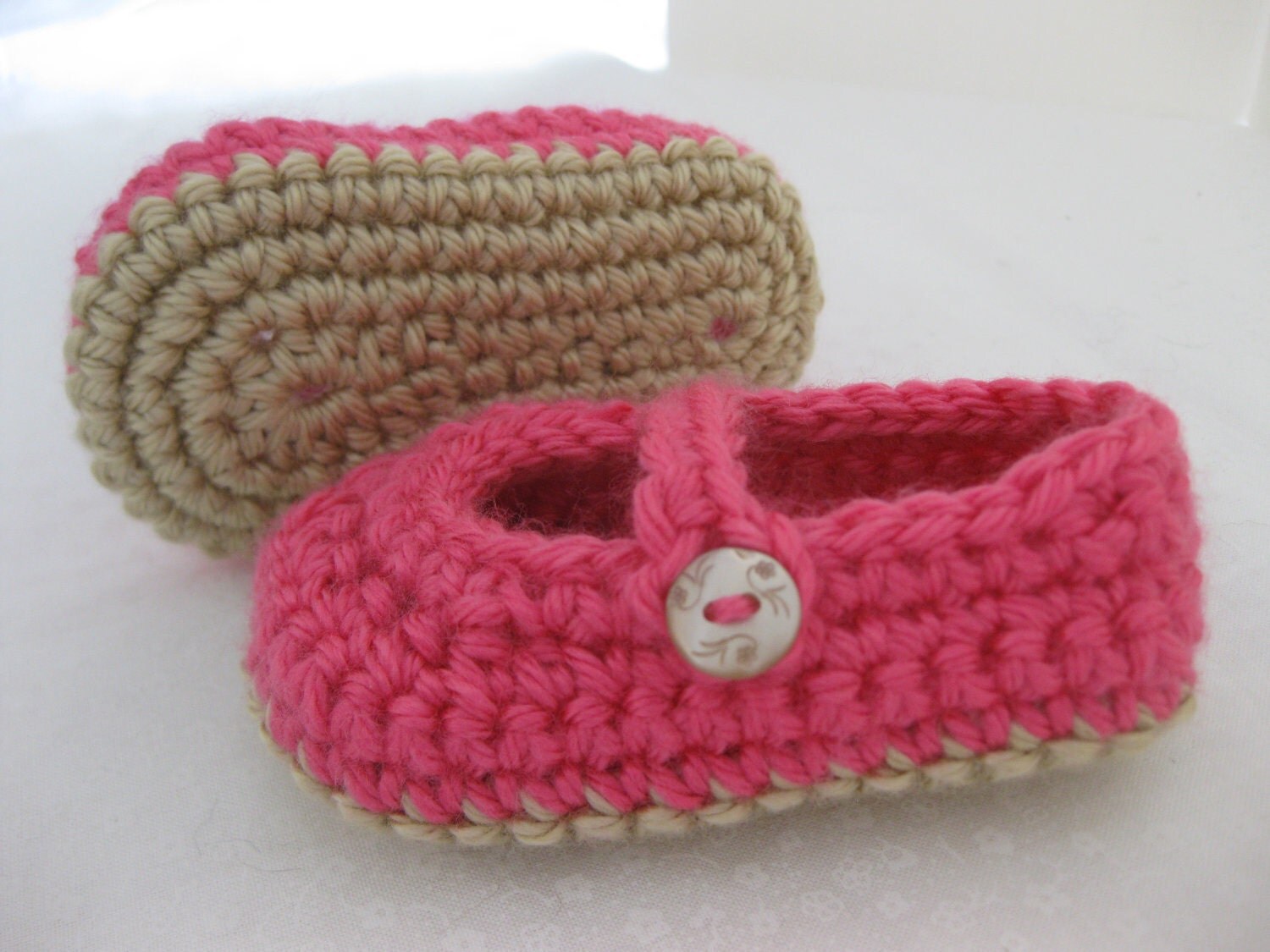 Baby Girl Booties / Slippers Tan & Bright Pink by AbitofLovely