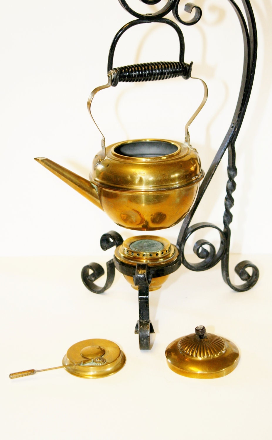 Antique Brass English Teapot & Burner on Wrought Iron Stand