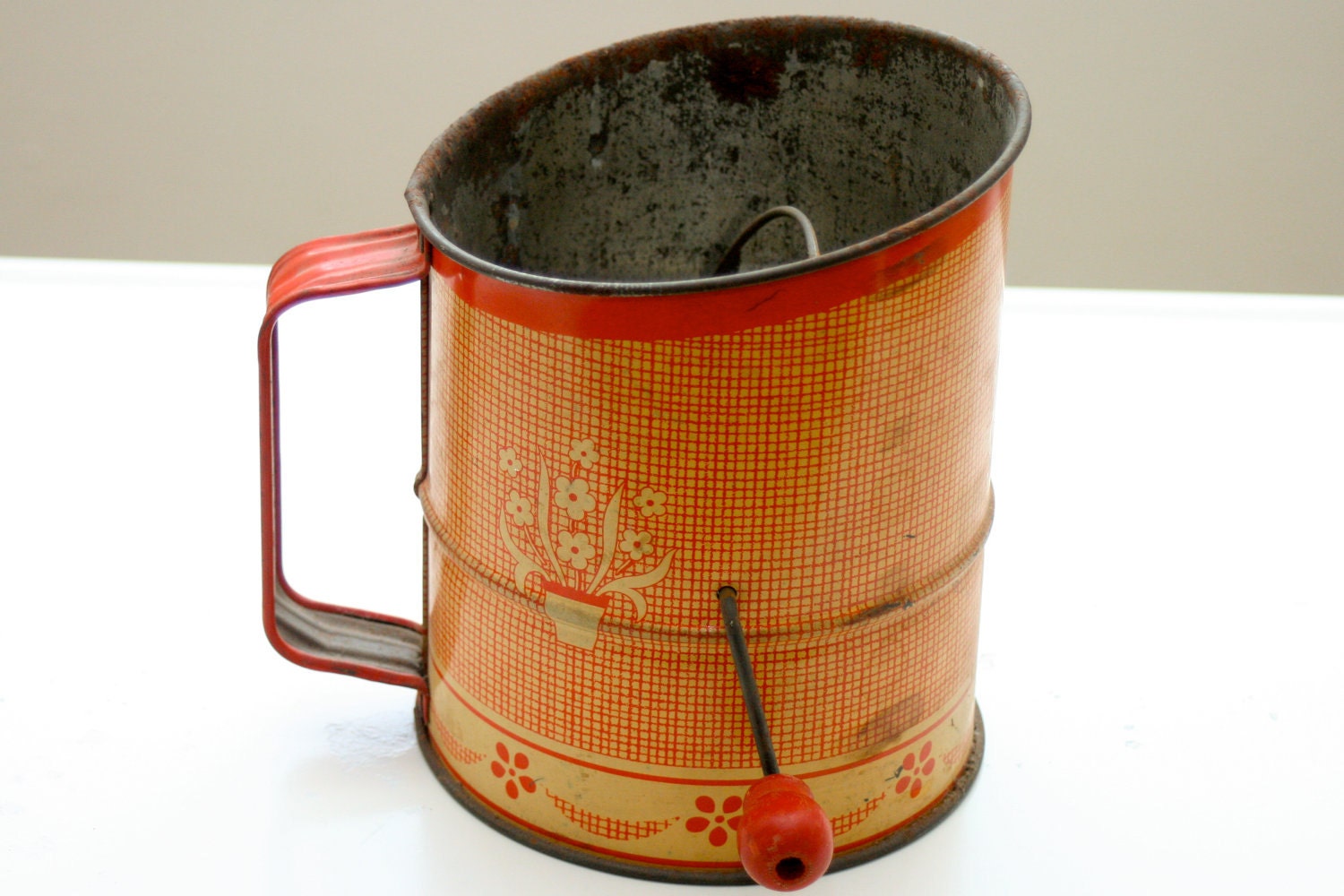 Vintage Metal Flour Sifter Red