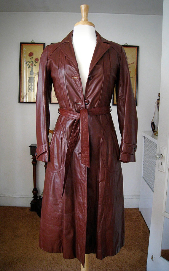70's Brown Leather Trench Coat by Wilsons by CutandChicVintage