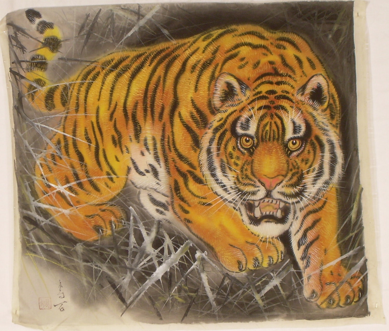 Antique asian tiger painting on silk