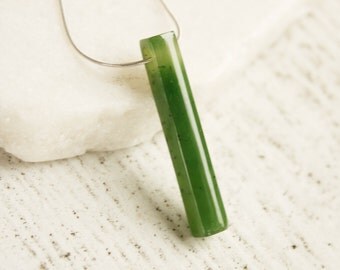 Green Jade Necklace - Rectangular Drop - 925 Sterling Silver