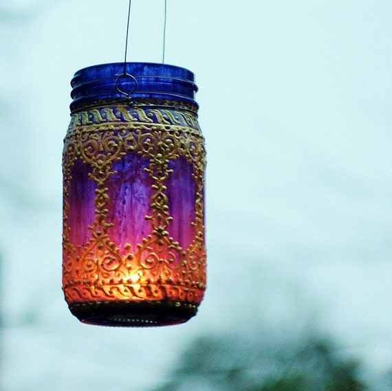 Hand Painted Mason Jar Lantern,Deep Plum Tinted Glass with Golden Filigree Surface