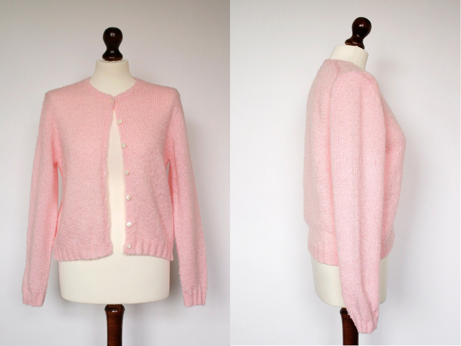 Vintage Pastel Pink Cardigan with Flower Buttons