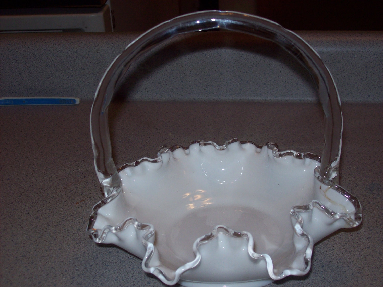 Fenton Milk Glass Basket with Clear Handle