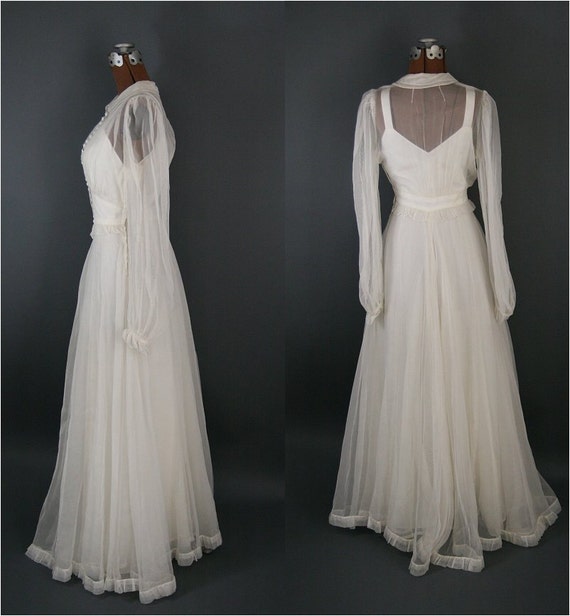 Vintage 1940s Chiffon Wedding Dress Illusion Neckline Long