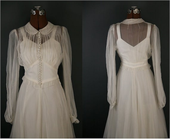 Vintage 1940s Chiffon Wedding Dress Illusion Neckline Long