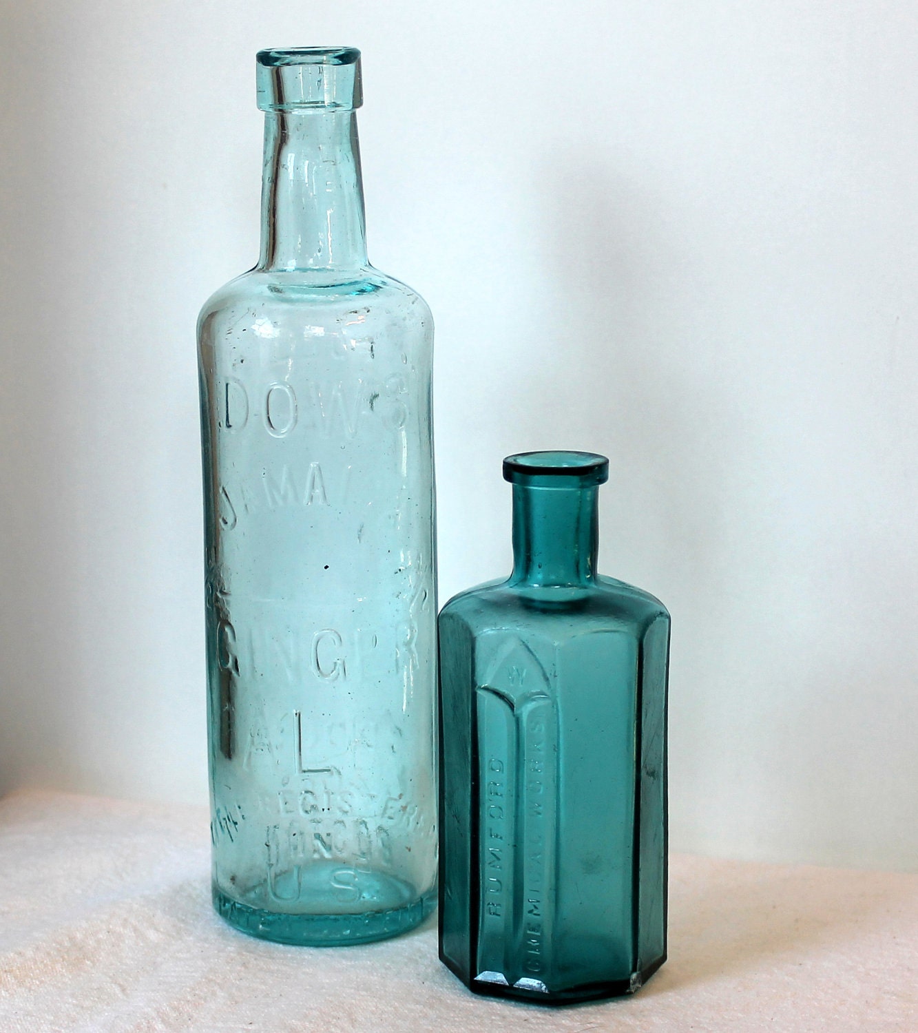 2 Vintage Aqua Teal 1800s Glass Bottles