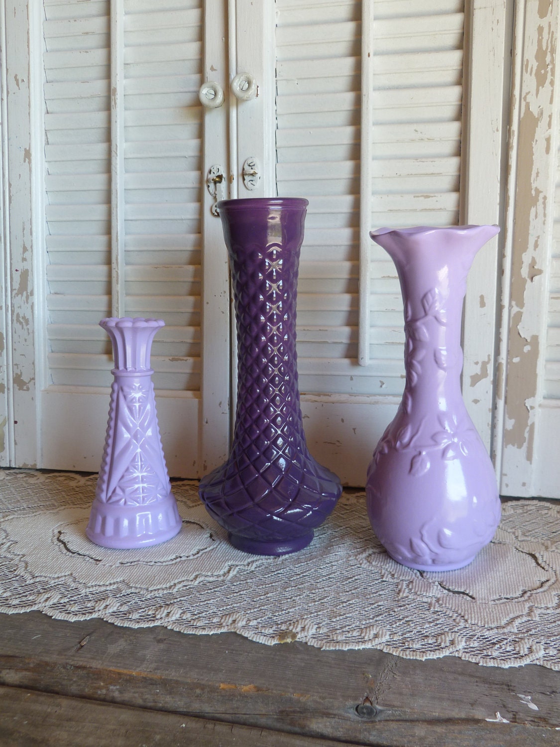 Upcycled Painted Purple Vases Set of 3 / Retro Decor