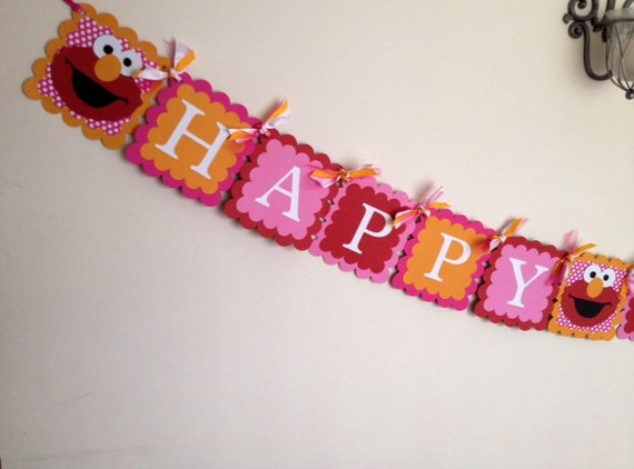 Girly Elmo Pink and Red Happy Birthday Banner 