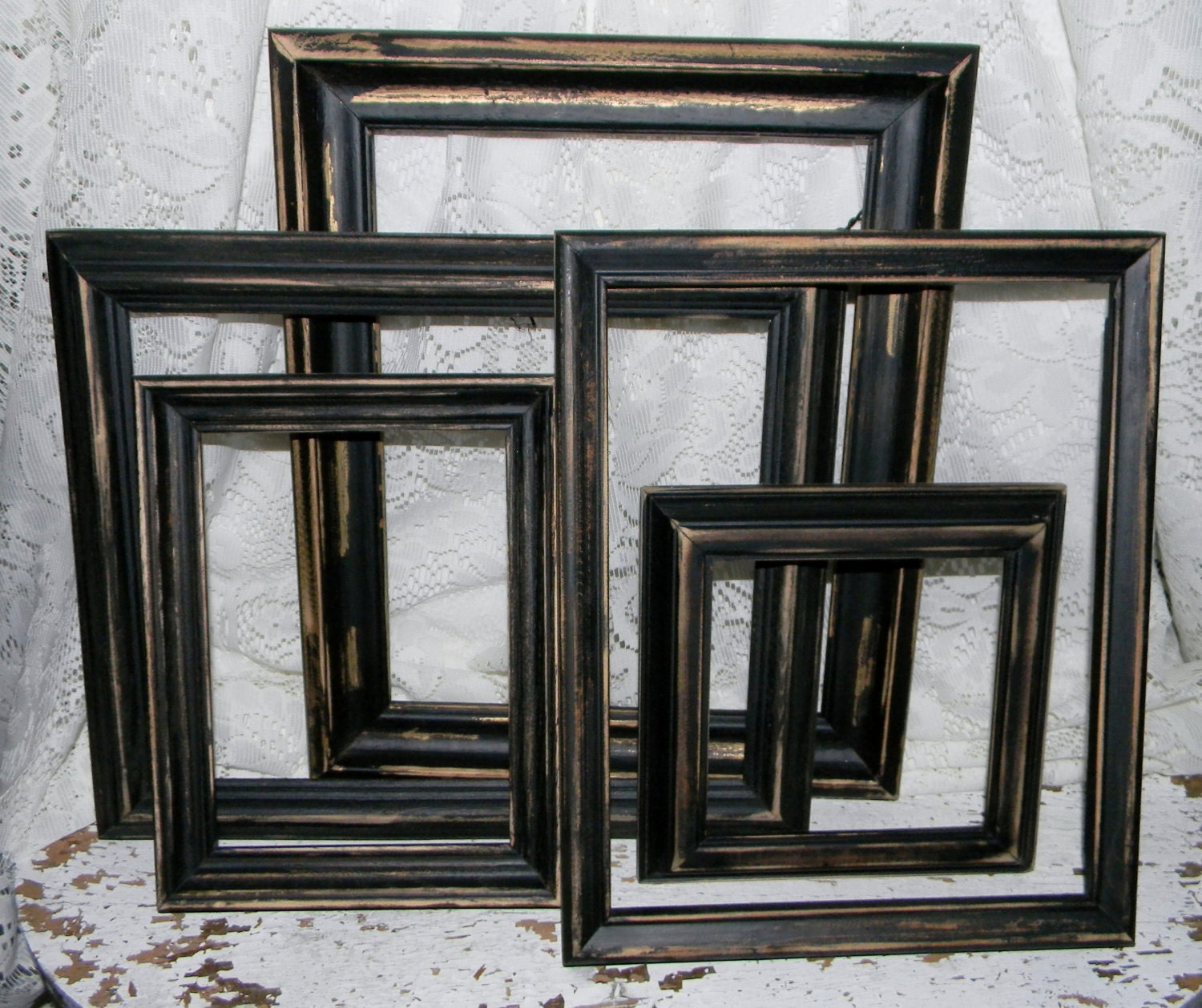Distressed Black Frames 5 Pc Set Rustic Primitive Home Decor