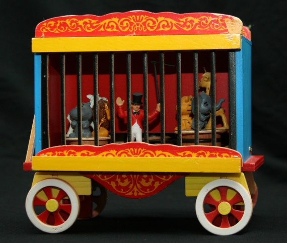 Vintage Wooden Circus Train Car Music Box with Baby Animals