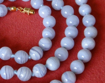 Blue Lace Agate Necklace. 8mm Round Beads. Various Lengths. Hand Knotted. Grade 'A' Therapeutic Necklace. Genuine Stone. MapenziGems