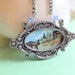Miniature Watercolor Painted Landscape. Vintage Style. Frame Necklace. Farm House. Horse. Blue. Swarovski Crystal. Gunmetal. Silver. Summer.