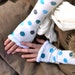 Long Fingerless Gloves with Trim, Cotton, White with Blue Polka Dots -- Arm Warmers