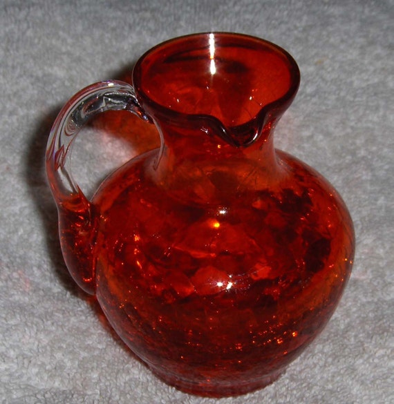 Vintage Ruby Red Crackle Glass Pitcher Decorative Collectible 7568