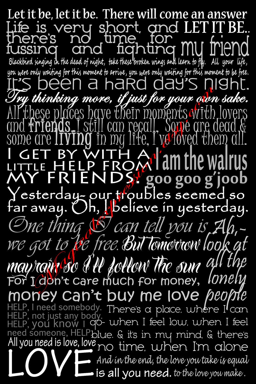 Beatles Typography Song Lyric Art Print Poster 11' by