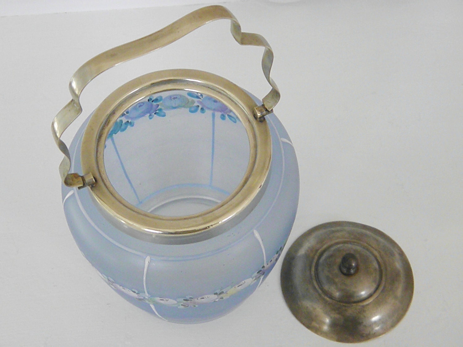 Vintage Blue Glass Biscuit Barrel Cookie Jar