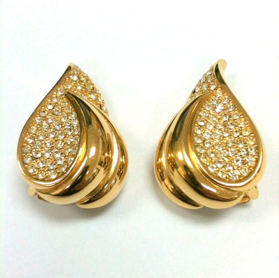 Christian Dior Rhinestone Gold Tone Clip On Earrings