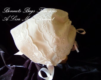 Heirloom Baby Bonnet Embroidered with HEARTS great gift for baby showers Christening and Dedications - Magic Hanky White bonnet
