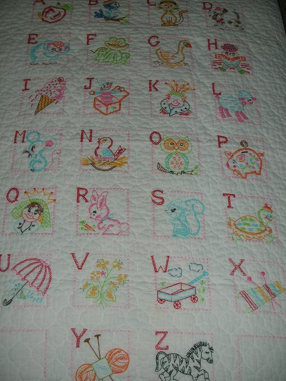 Baby Quilt Hand-Embroidered ABC Panels by thecottagenana on Etsy