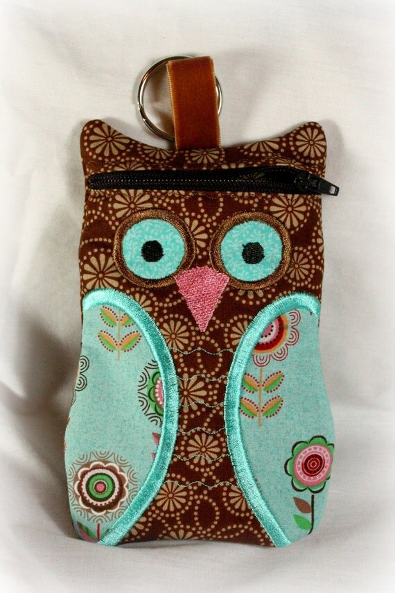 OWL Cell Phone Holder/Case Brown & Aqua by JudyApplegarthArt