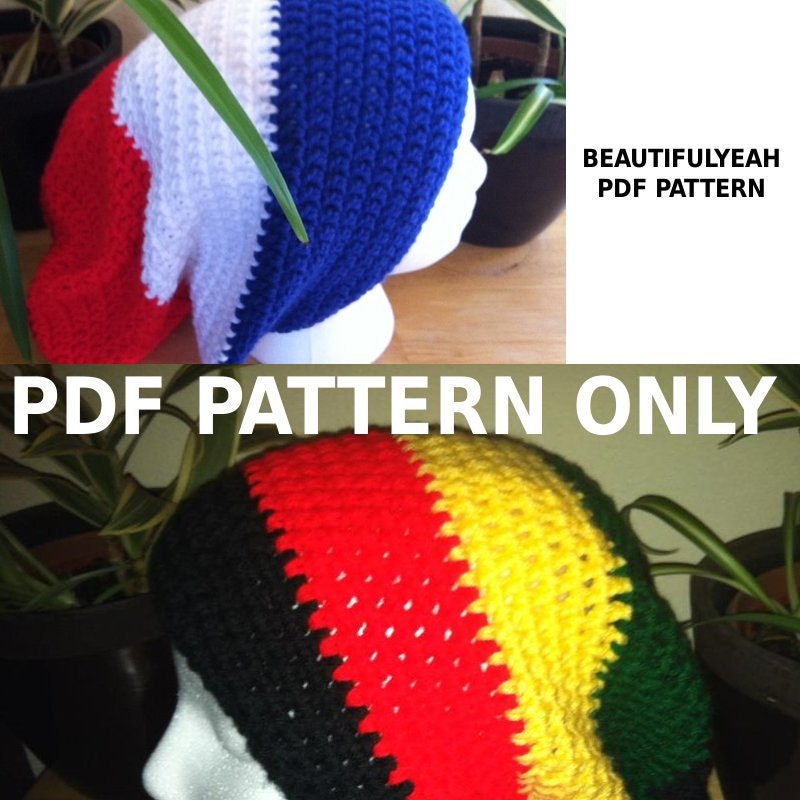 PDF PATTERN For rasta or solid slouchy hat beanie stripes