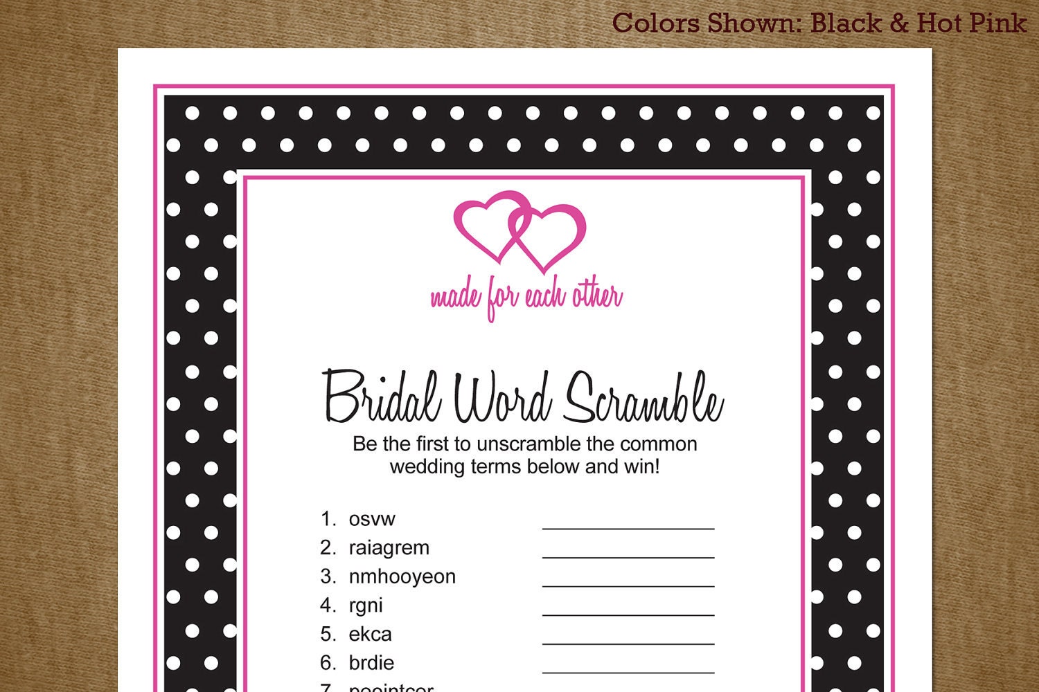 bridal shower printable game word scramble by