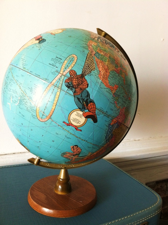 Vintage Superhero Globe. Custom Handcrafted Comic World Map. Marvel/DC.