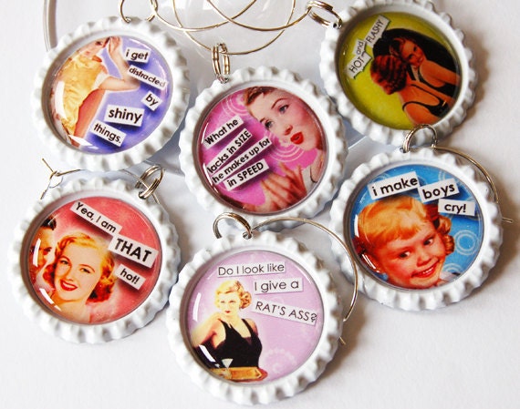 Funny Wine Charms, Sassy Women, Wine Glass Charms, Wine Charms, Humor, retro prints, bottlecap charms, ladies night (1305)