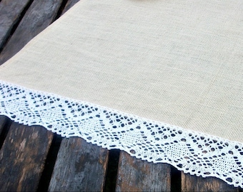 Table Cotton hessian  table Runner White ith Cream Lace Trim etsy runners  Burlap/Hessian w